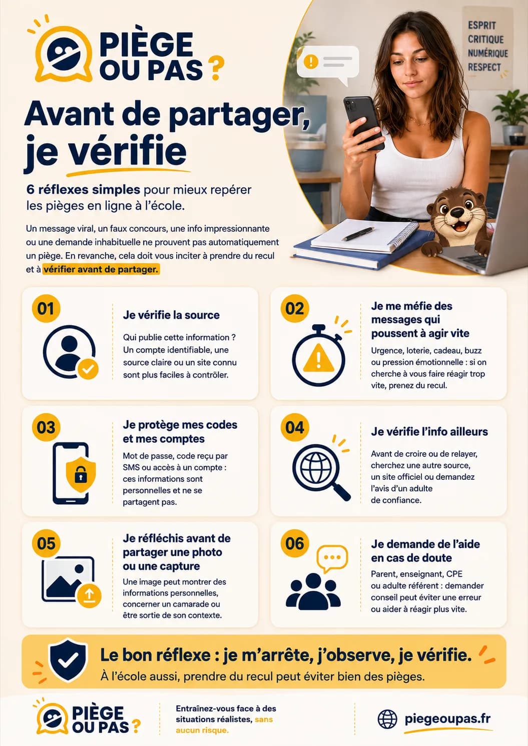 Affiche « Avant de partager, je vérifie » : six réflexes simples pour mieux repérer les pièges en ligne à l'école.