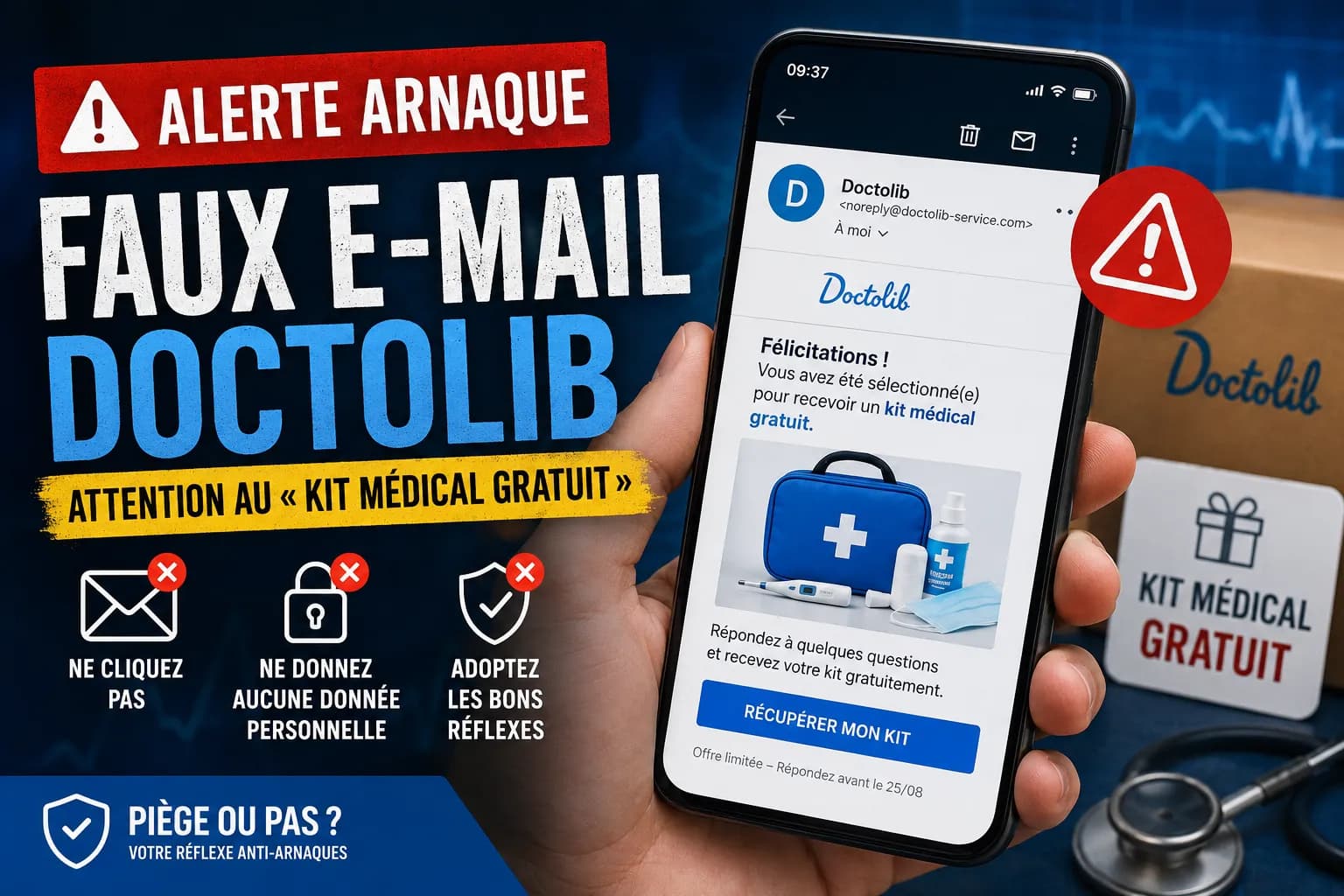 Visuel d’alerte PIÈGE OU PAS ? sur une campagne de phishing usurpant Doctolib, avec un faux e-mail promettant un kit médical gratuit et les bons réflexes à adopter : ne pas cliquer, ne transmettre aucune donnée personnelle et vérifier directement sur le service officiel.