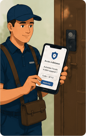 Une personne en tenue de technicien attend devant une porte d'entrée, une tablette à la main.