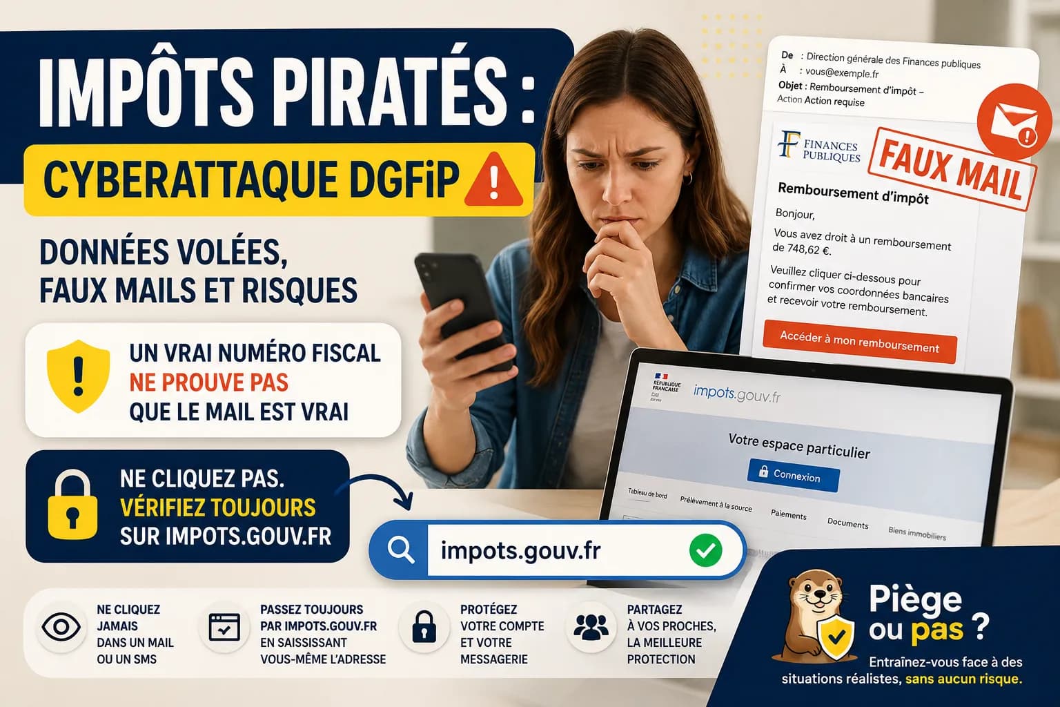 Illustration pédagogique sur la cyberattaque de la DGFiP montrant une femme consultant un faux e-mail de remboursement d’impôt, avec un rappel de vérifier les informations directement sur impots.gouv.fr sans cliquer sur les liens reçus.