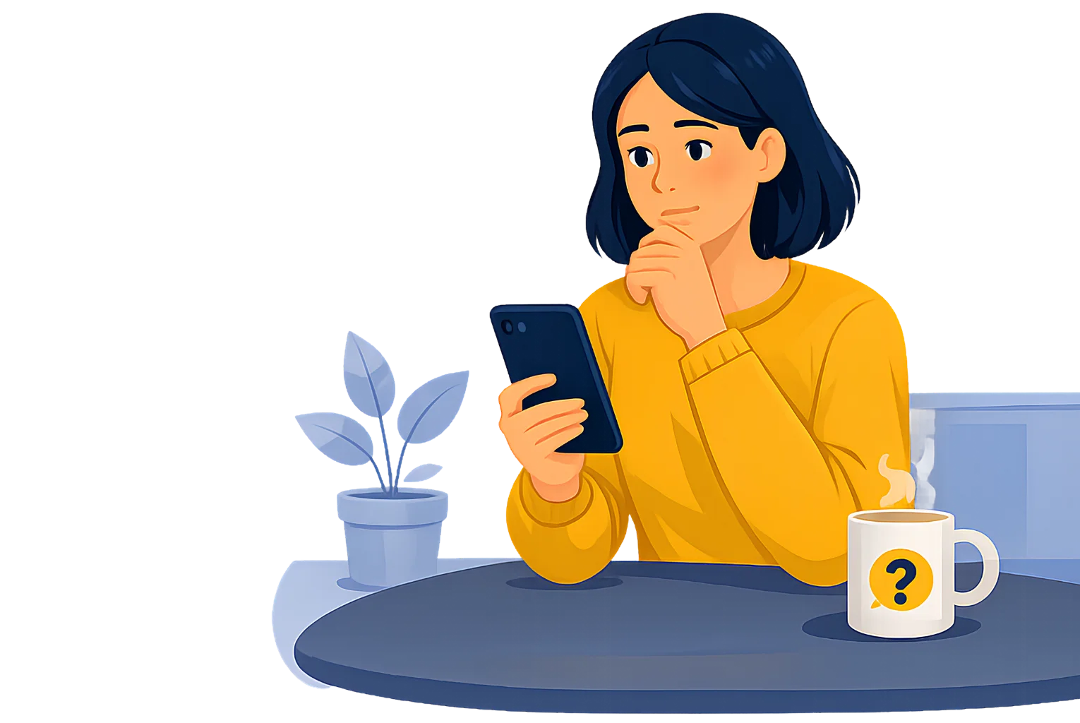 Une personne assise à une table regarde son téléphone et prend le temps de réfléchir avant de répondre.