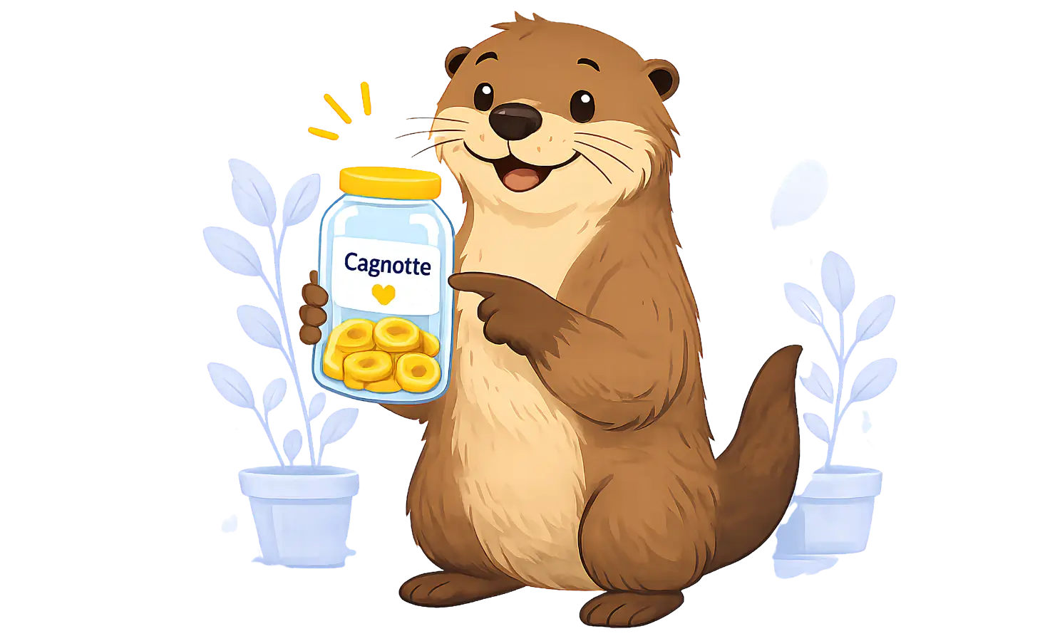 La mascotte de PIÈGE OU PAS ?, une loutre souriante, présente une cagnotte remplie de pièces.